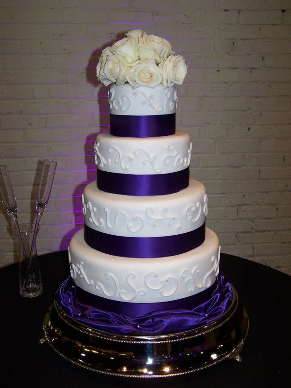 San Jose, CA 4 tiered purple white wedding cake phillips fairy tale weddings