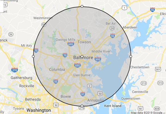 Baltimore, MD phillips weddings service area map