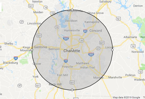 Charlotte, NC phillips weddings service area map
