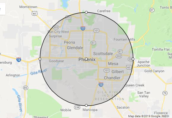 Phoenix, AZ phillips weddings service area map